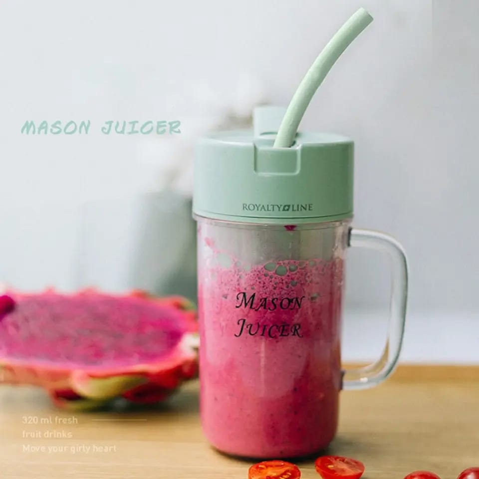 Portable rechargeable juice blender with straw.