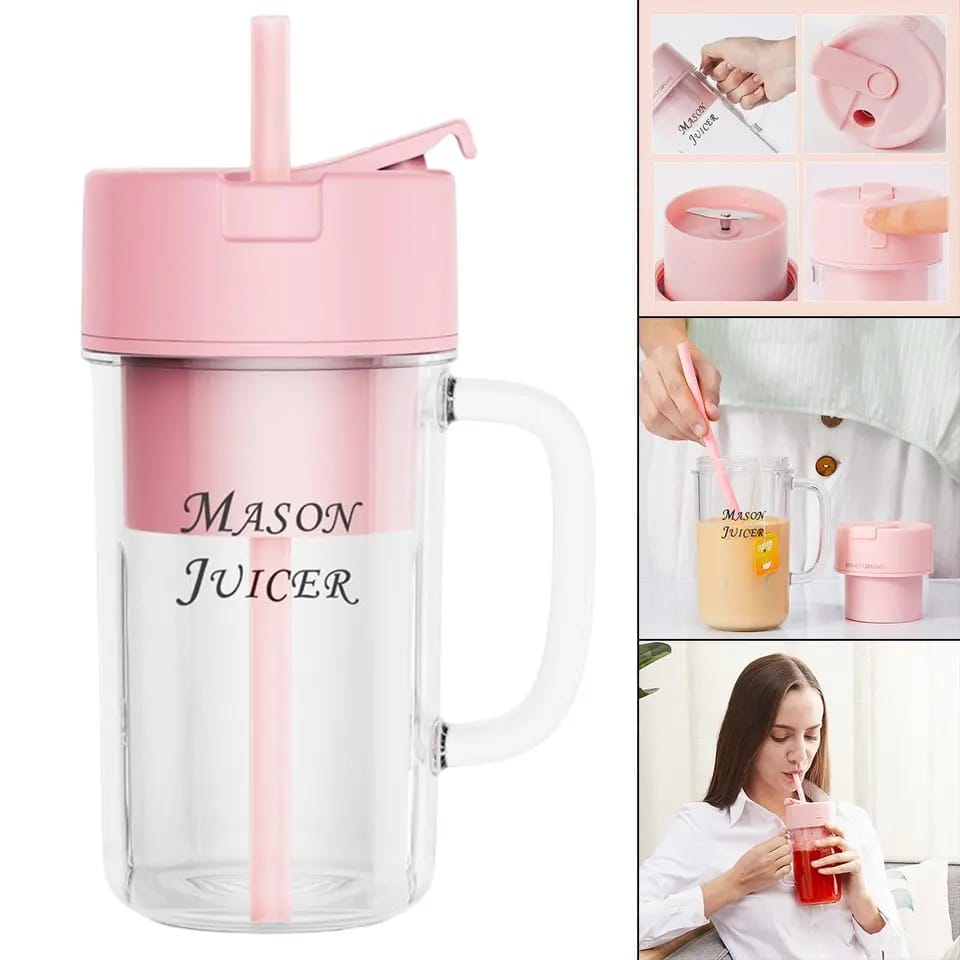 Portable rechargeable juice blender with straw.