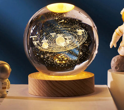 3D Galaxy Crystal Ball Night Light Lamp | Crystal Ball Lamp with Wood Base | Laser Engraved Solar Sphere Lamp | Fantasy Atmosphere Decoration for Living-Room, Bedroom