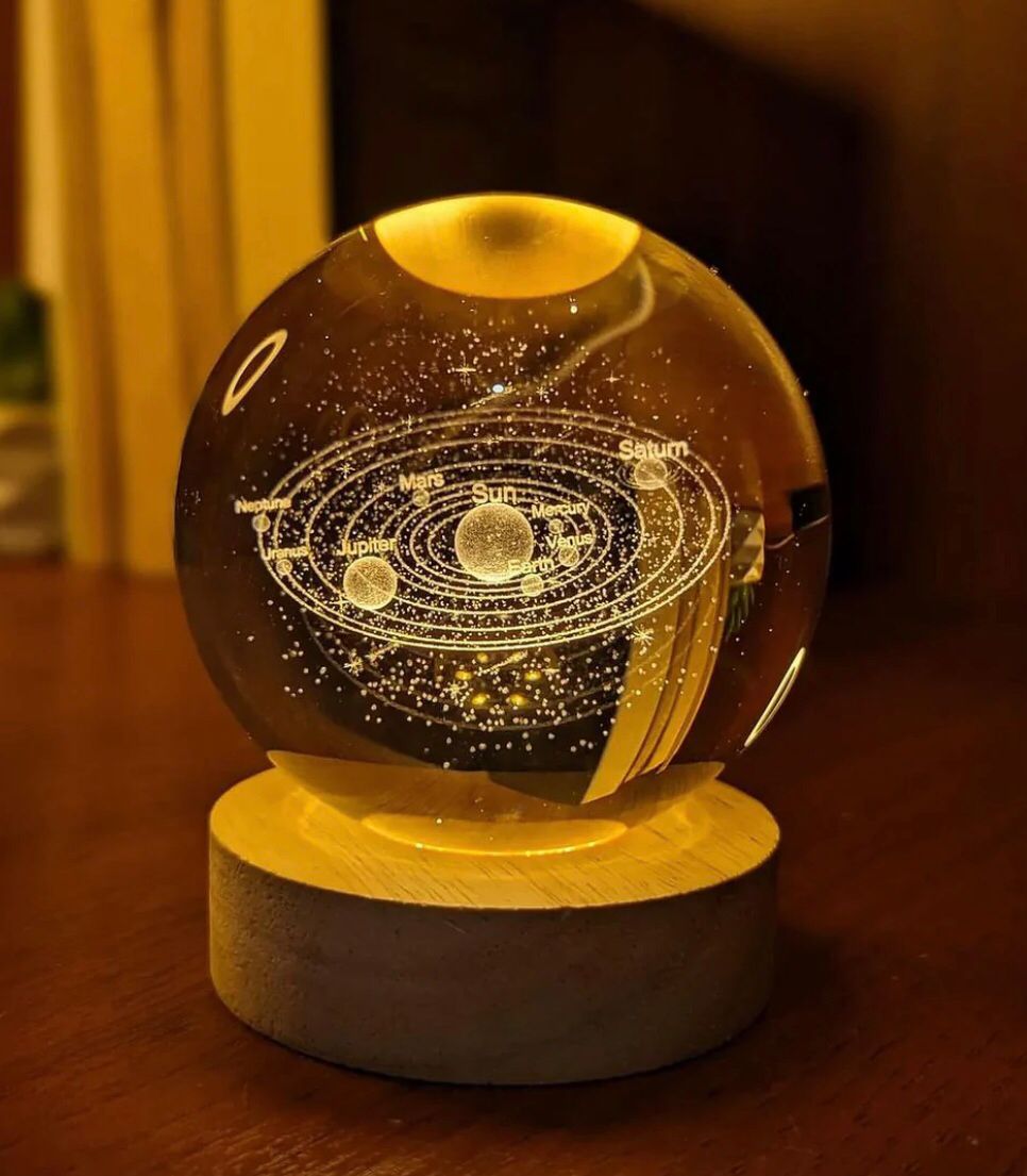 3D Galaxy Crystal Ball Night Light Lamp | Crystal Ball Lamp with Wood Base | Laser Engraved Solar Sphere Lamp | Fantasy Atmosphere Decoration for Living-Room, Bedroom